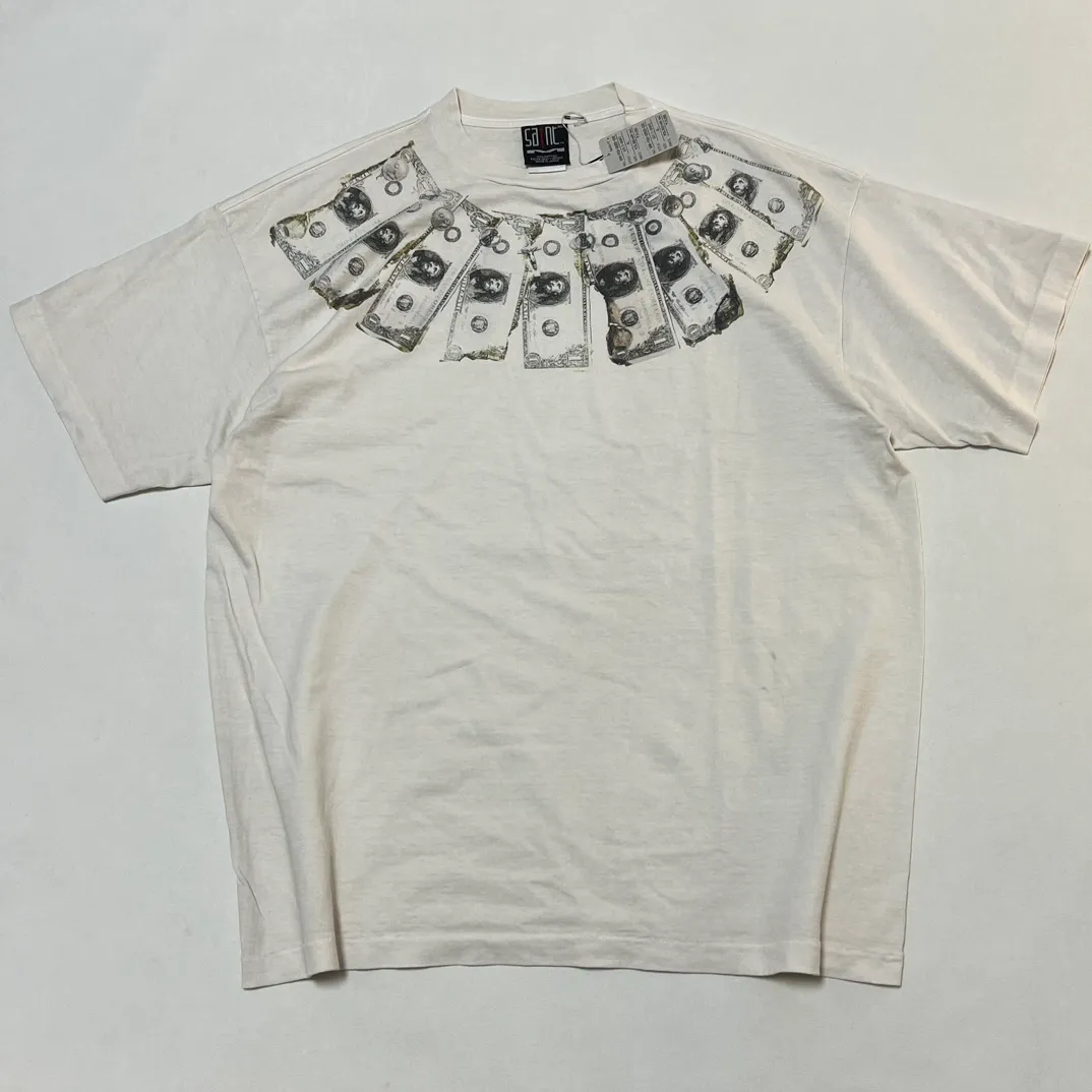 SAINT Mxxxxxx MONEY TEE/WHT dollar necklace, retro short-sleeved, off-white S-XL, ready-to-wear, washed and distressed, authentic level printing, correct accessories/with little angel logo